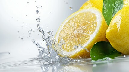 Wall Mural - A splash of water surrounds a lemon and a leaf