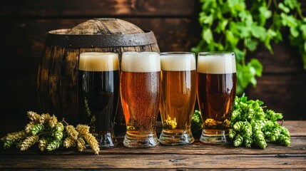 Oktoberfest beer barrel and beer glasses with wheat and hops on wooden table