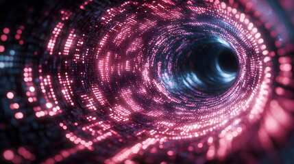 Poster - Pink light trails form a swirling tunnel with a black center, surrounded by digital binary code