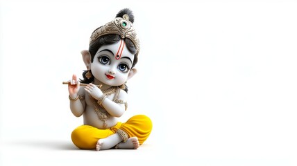 A small child dressed in yellow and white poses with a musical instrument