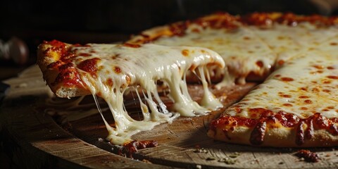 Wall Mural - Cheese-topped pizza slice lifted off a cutting surface