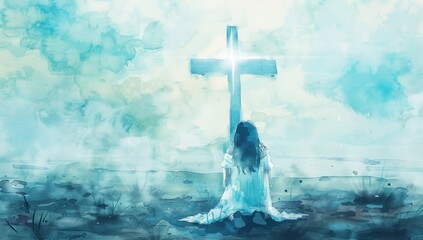 Wall Mural - A tranquil watercolor scene featuring a woman kneeling before a brightly shining white cross amidst a mystical blue landscape. Spiritual awakening: woman in prayer.