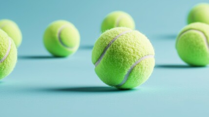 A bunch of tennis balls are scattered on a blue surface