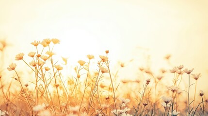 Wall Mural - Soft White Cosmos Flowers in a Golden Sunset Field