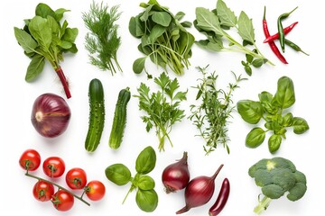 Fresh organic vegetables and herbs on white background