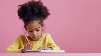 Young girl concentrating on her homework, writing in a notebook while seated at a desk,