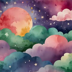 Poster - Watercolor Night Sky With Moon and Stars