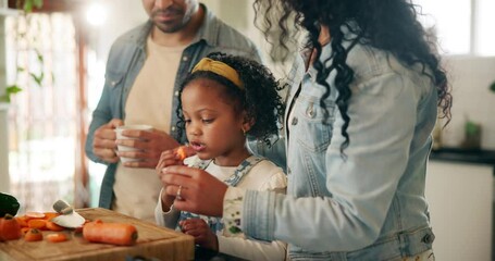 Sticker - Cooking, kid and mother cutting vegetables for food, learning and eating healthy lunch in home kitchen. Child, father and parents with chopping board for carrots, organic meal and girl help family