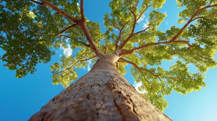 A tree with a trunk that is very tall and has a lot of leaves