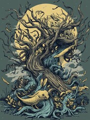 A surreal illustration of a tree merging with water and fish, with a full moon in the background.