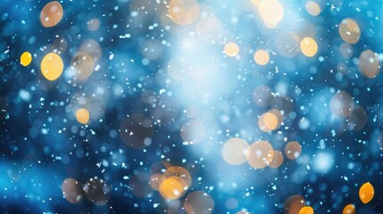 Winter background with blurred blue and yellow bokeh effects