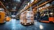 © Paul - Industrial logistics scene with a pallet carrying oversized, heavy machinery components, surrounded by forklift trucks and warehouse workers in motion