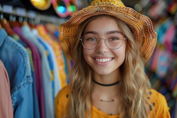 Wall Mural - Joyful Shopping Spree: Young Woman Delighted with New Clothes in Store Sale - Fashion & People Concept