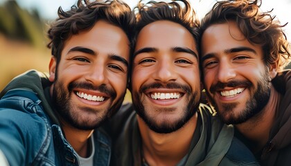 Joyful close-up selfie of friends celebrating camaraderie in the great outdoors