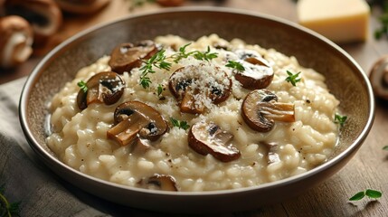 Wall Mural - Delicious mushroom risotto served in a bowl with grated cheese topping