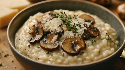 Wall Mural - Rich creamy risotto topped with caramelized mushrooms and fresh herb sprigs