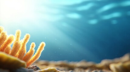 A yellow coral plant is in the foreground of a blue ocean