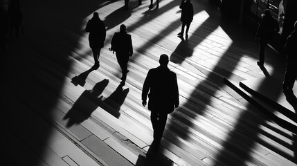 Business people walking with shadows in black and white