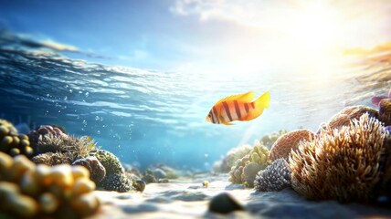 A fish swims in a coral reef with a bright sun shining on it