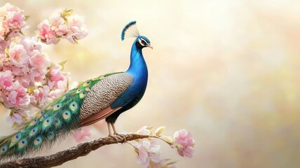 Wall Mural - A blue peacock is perched on a branch of pink flowers