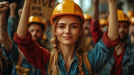 Woman in Yellow Hard Hat at a Protest