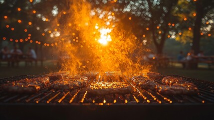 Delicious Grilled Burgers on Hot BBQ Grill with Flames and Blurred Background