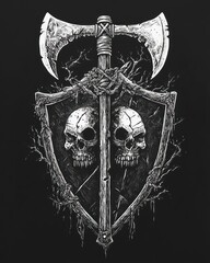 A black and white illustration of a shield with two skulls and a double bladed axe.