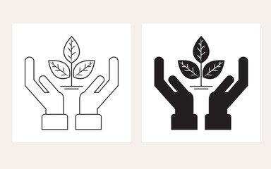 black silhouette and thin line conceptual two open hands holding leaves sign icons set on white back