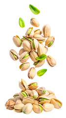 Falling pistachio nuts isolated on a white background.