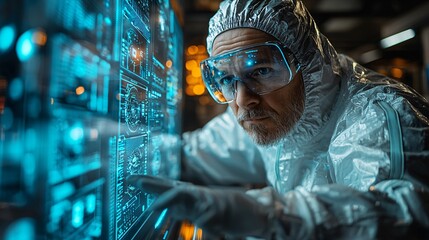 Scientist in Protective Gear Analyzing Data on a Digital Display