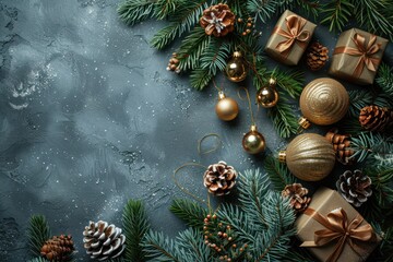 Wall Mural - Festive Stone Background with Snow, Fir Tree, Gift Box, and Decor - Top View with Copy Space for Christmas