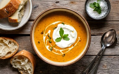 Tasty Homemade Pumpkin Soup with White Cream, Top view rustic Wooden Table Autumn Halloween Concept