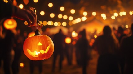 Wall Mural - A vibrant Halloween celebration featuring a carved pumpkin illuminated by warm lights and surrounded by festive revelers.