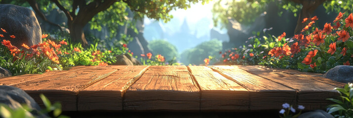 Wooden table top with a beautiful forest view.