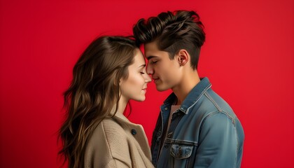 Canvas Print - Passionate young couple embracing against a vivid red backdrop