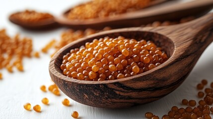 Closeup of a wooden spoon filled with golden caviar.