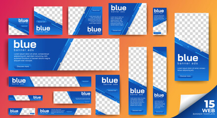 Poster - Blue web banner template vector design. Ads banner set bundle with space for images.