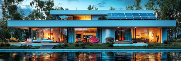 Poster - Modern home with a swimming pool at dusk.