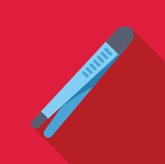 Poster - Blue metal tweezers lying diagonally on red background, tool for use in cosmetology or medicine