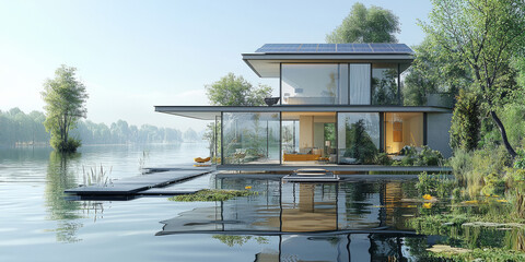 Poster - Modern house with large windows overlooking a lake.