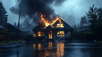 Nighttime house fire in pouring rain, glowing embers, water cascading off the roof, dramatic tension, dark and gritty, realistic lighting, insurance documentation style