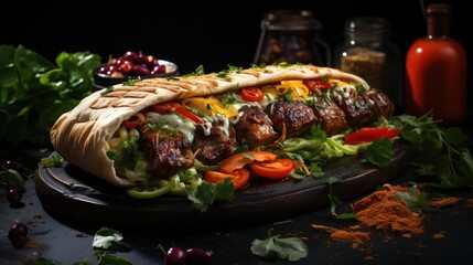 A gourmet burrito with a variety of ingredients including meat, cheese, tomatoes, lettuce,