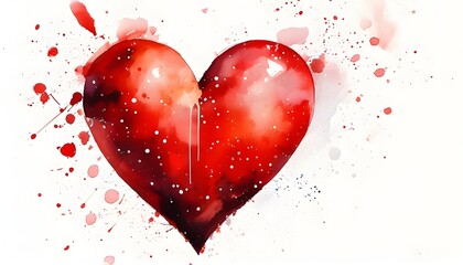 Vibrant red heart adorned with colorful paint splashes in a watercolor style against a pristine white canvas