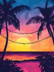 Wall Mural - retro beach party flat design front view nightlife theme watercolor splitcomplementary color scheme
