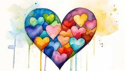 Wall Mural - Vibrant watercolor heart surrounded by smaller hearts on a pristine white canvas