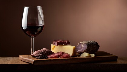 Wall Mural - A gourmet charcuterie spread with dark chocolate, Manchego cheese, and truffle salami, paire