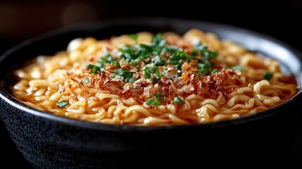 A close-up of a bowl of ramen noodles with broth, crispy fried onions, and chopped scallions.