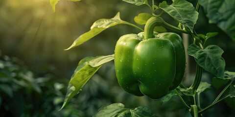 Wall Mural - Natural organic green bell pepper hanging from a branch in its habitat