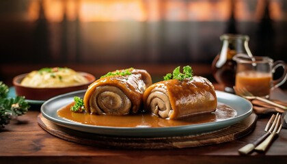 Wall Mural - A neatly arranged platter of two German roulades, glistening with gravy, placed on a rustic