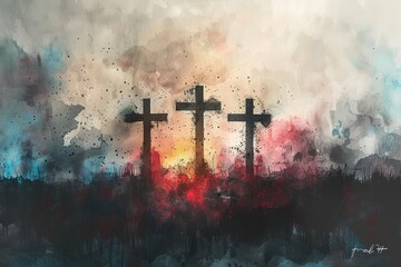 Wall Mural - Three Crosses on Golgotha: Watercolor Painting on Neutral Background